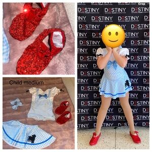Blue and White Gingham childs Costume with Red tap shoe covers included